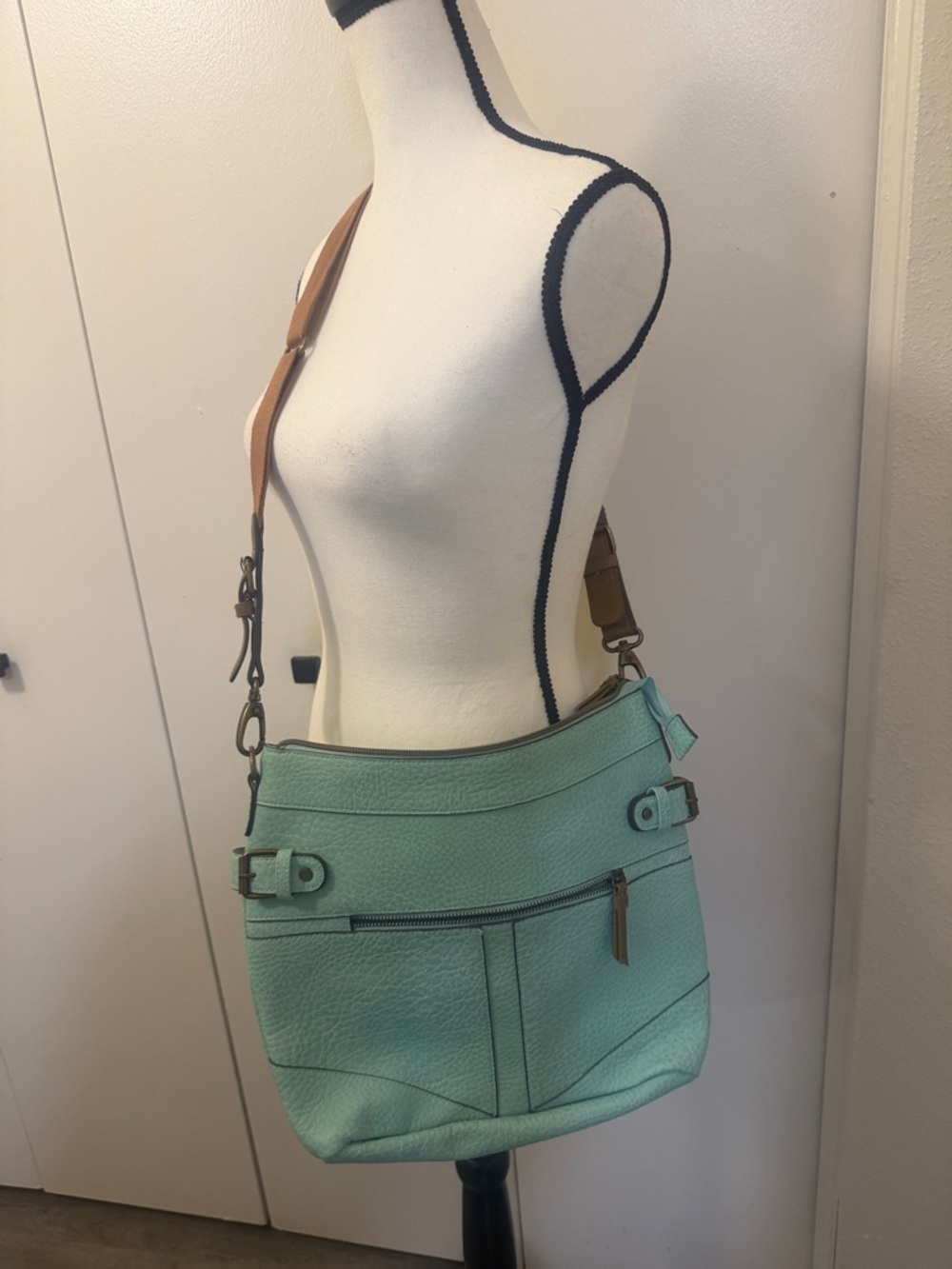 Maurices Mint Green Crossbody Bag with Tan Strap